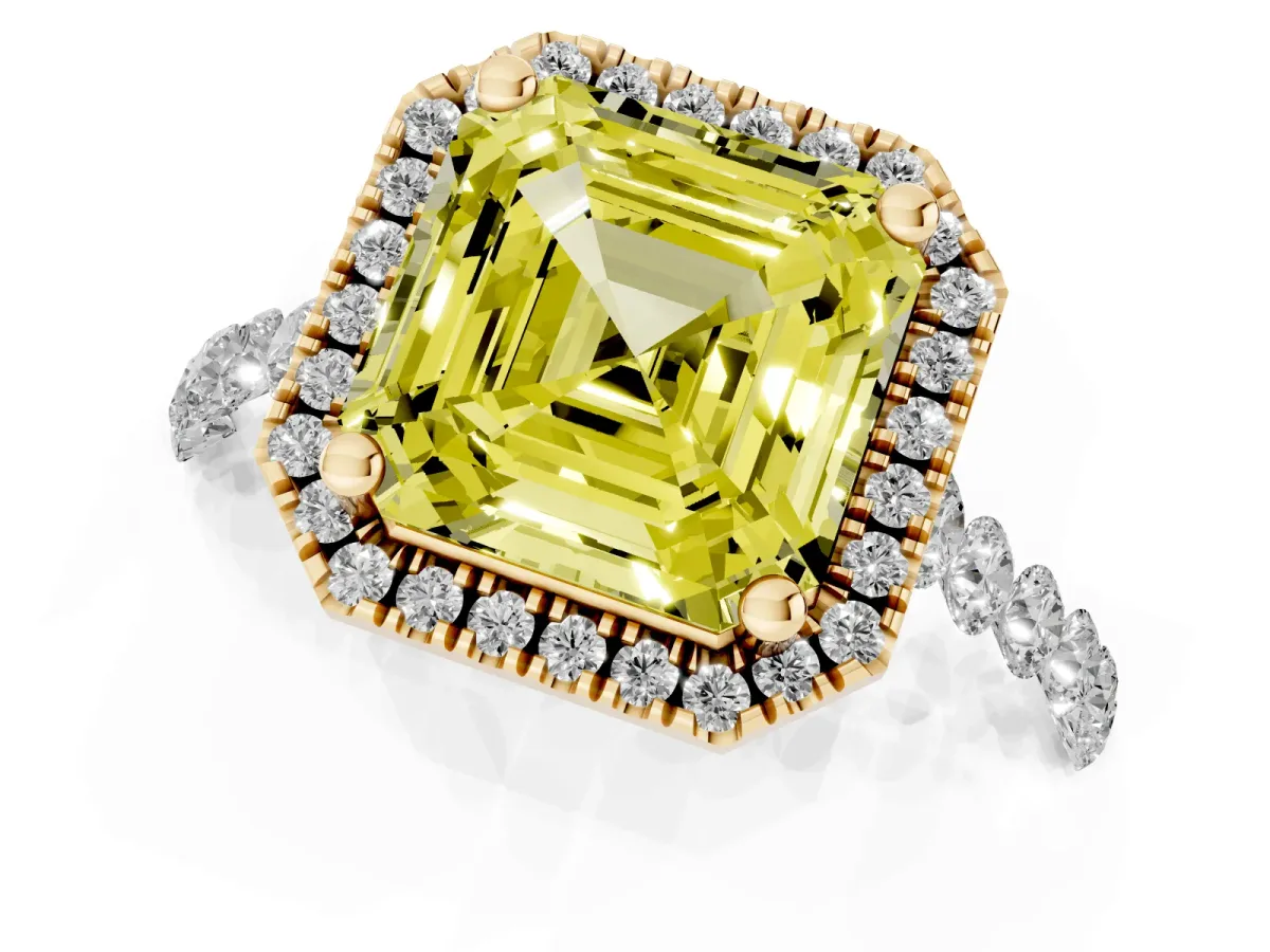 Fancy Yellow Asscher Cut Halo Pavé Diamond Engagement Ring with Four-Prong Setting Yellow gold