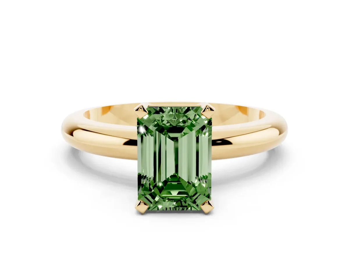 Fancy Green Emerald Cut Diamond Solitaire Engagement Ring with Round Band and Four-Prong Setting Yellow gold