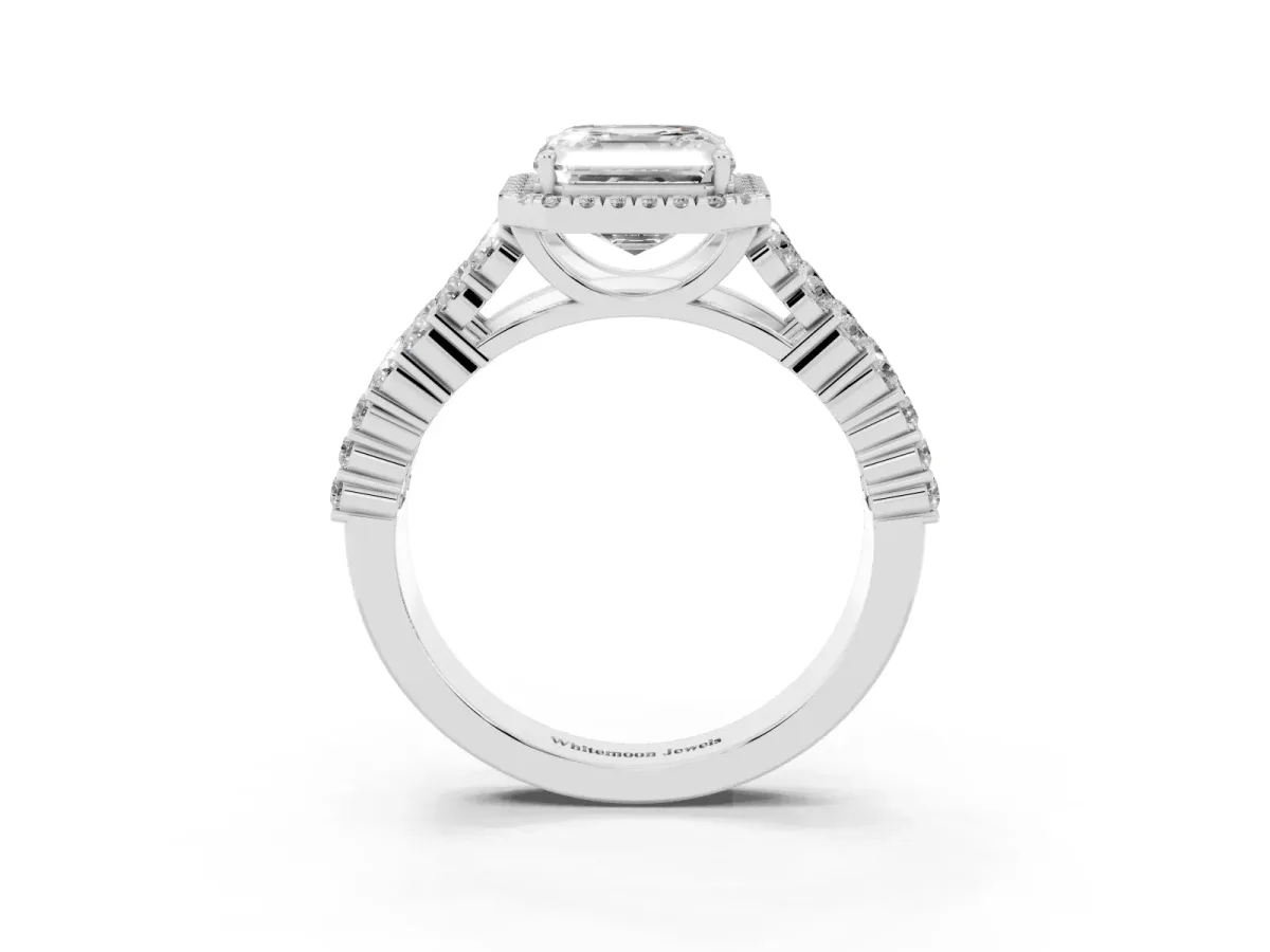 Asscher Cut Diamond Halo Engagement Ring with Triple Row Round Pavé Band and Prong Setting Platinum