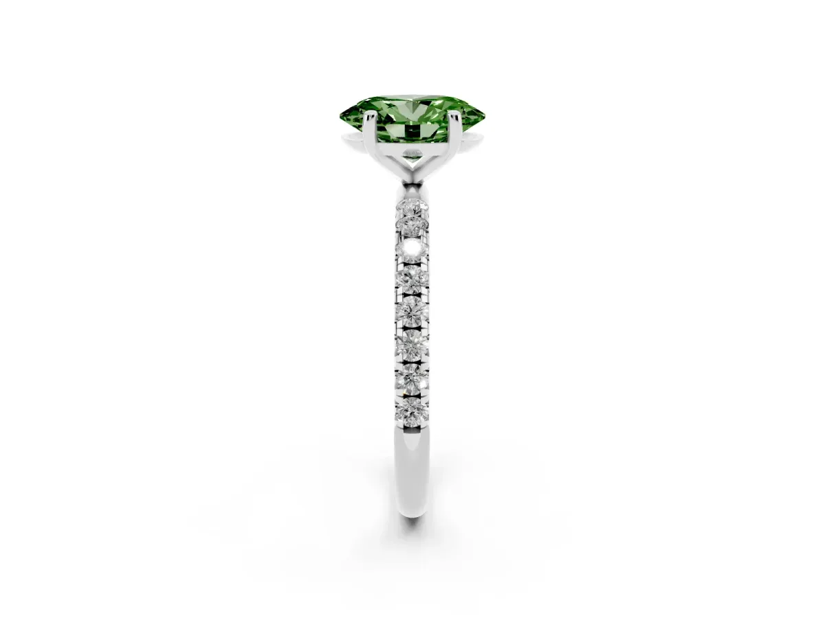 Fancy Green Oval Cut Cut Diamond Solitaire Ring with Micro Pave Band and Four Prong Setting Silver