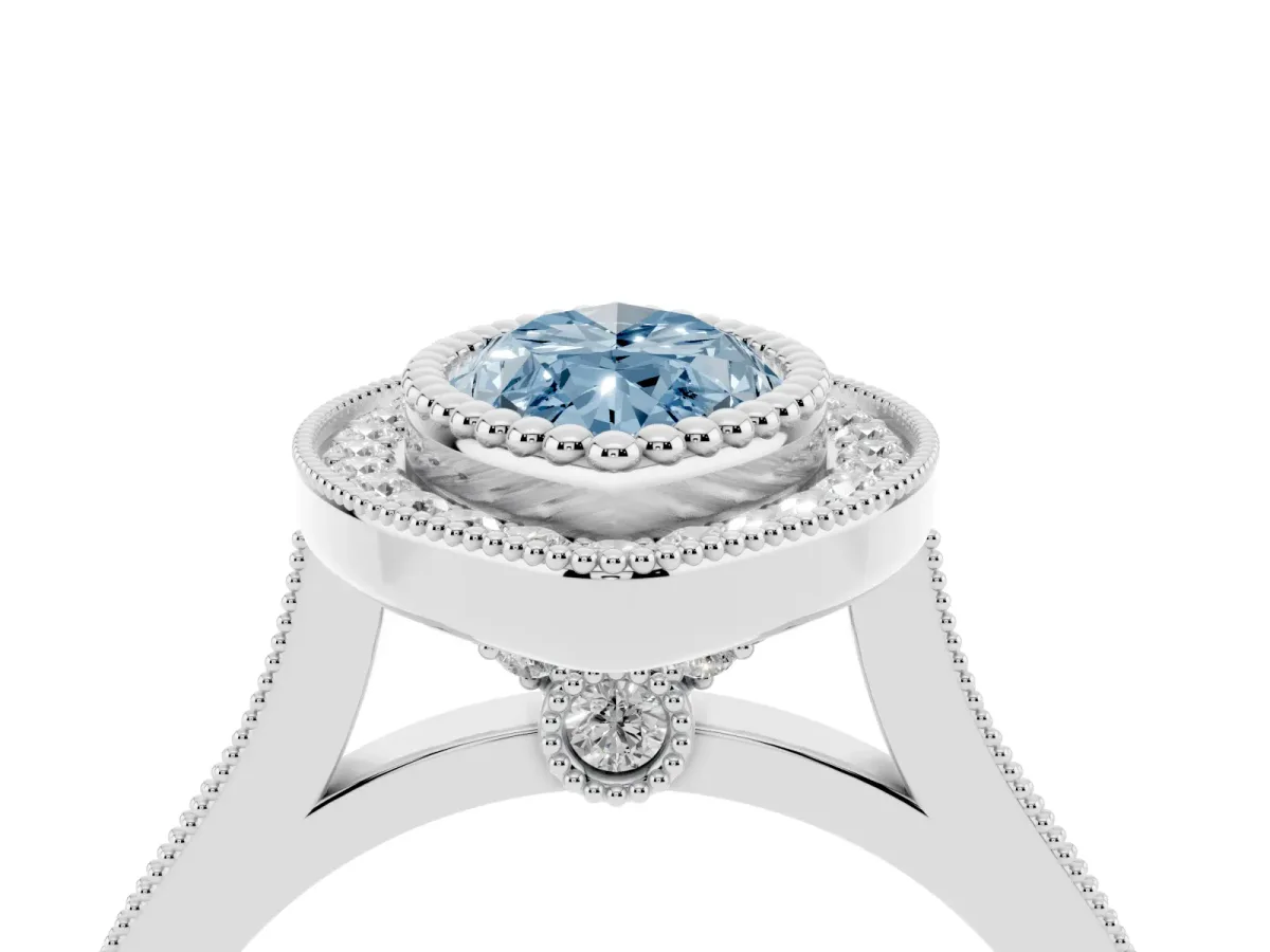 Fancy Blue Marquise Cut Diamond Halo Ring with Milgrain Frame and Pavé Band White gold