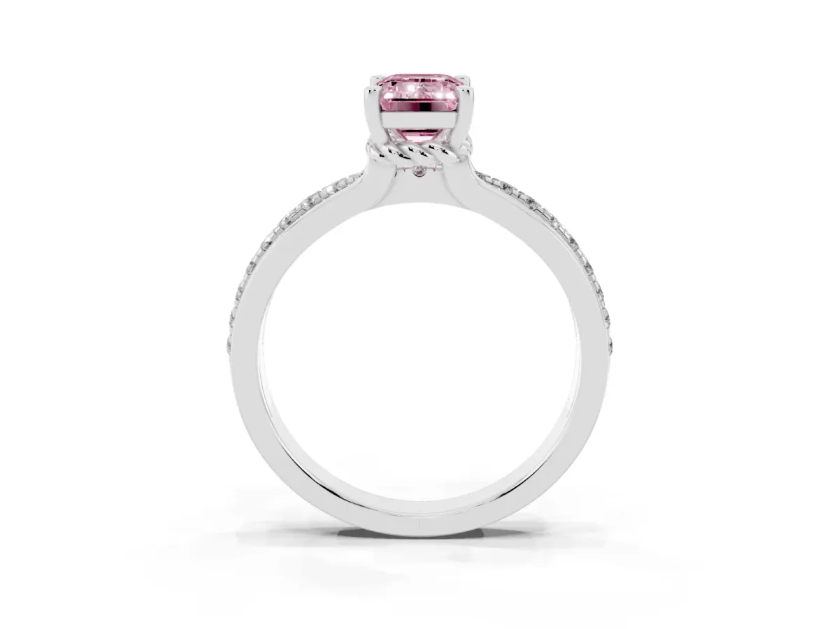 Fancy Pink Emerald Cut Solitaire Diamond Ring with Channel Set Band and Six-Prong Setting Silver