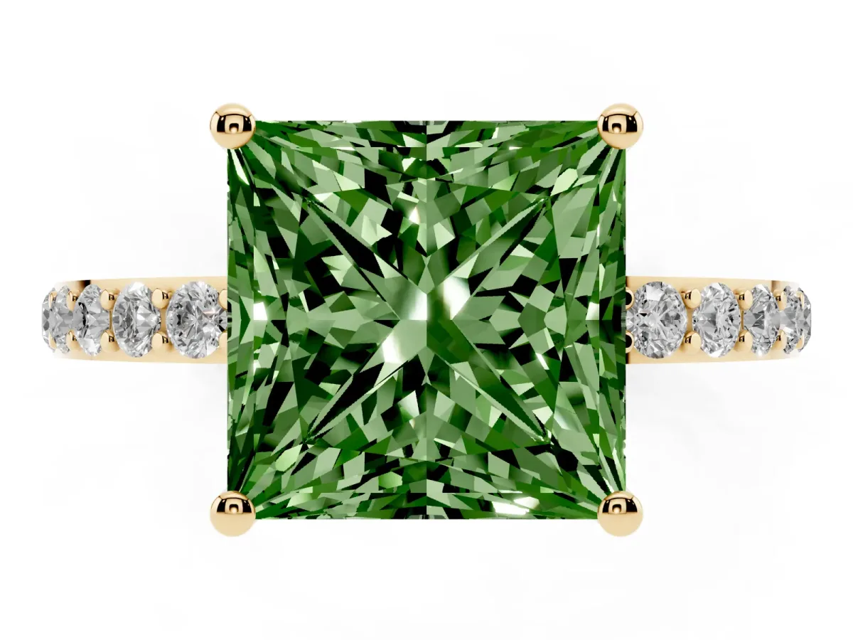 Fancy Green Princess Cut Diamond Solitaire Ring with Round Pavé Shoulders and Prong Setting Yellow gold