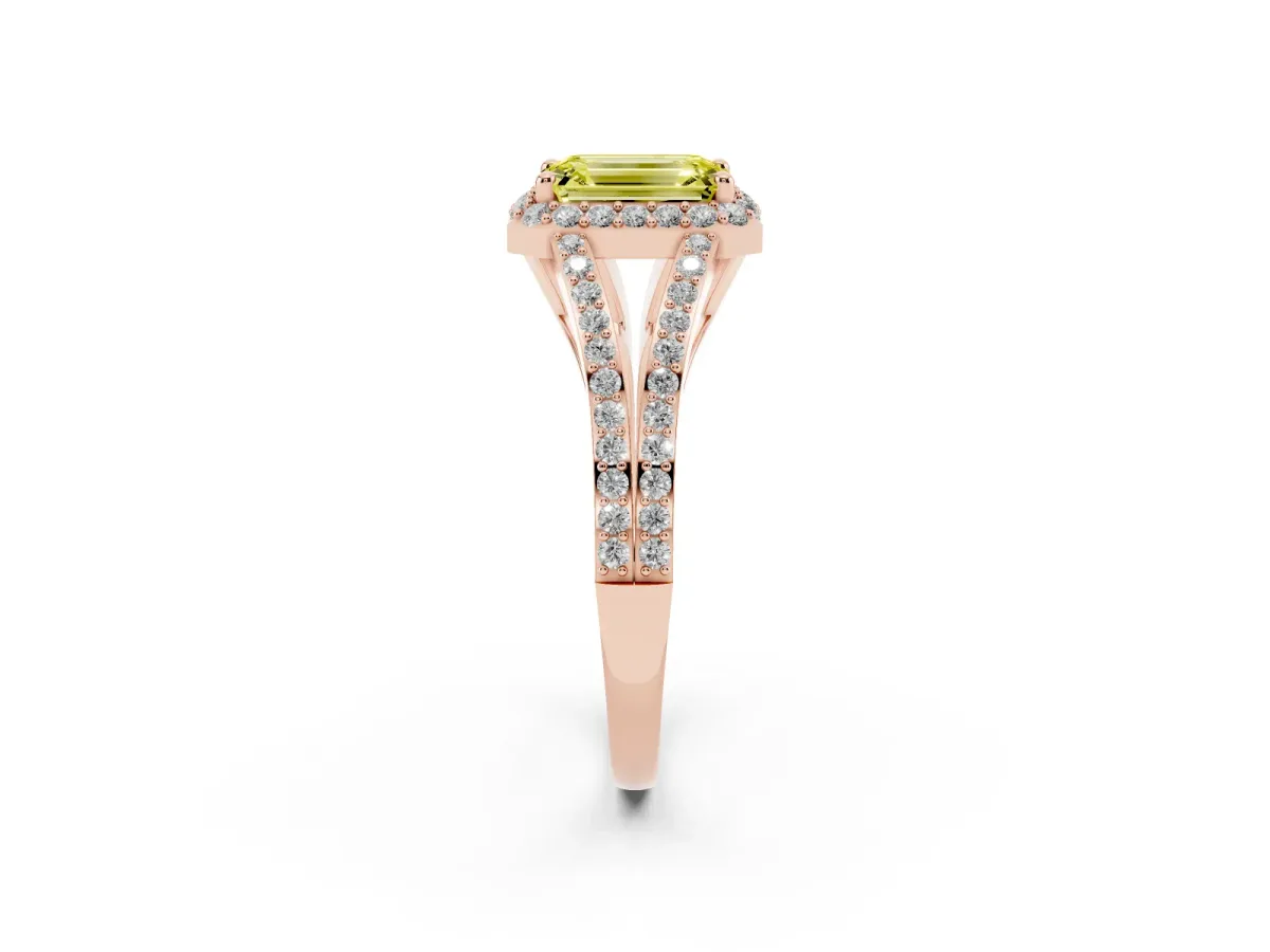 Fancy Yellow Emerald Cut Halo Split Shank Pave Diamond Ring with Four-Prong Setting Rose gold