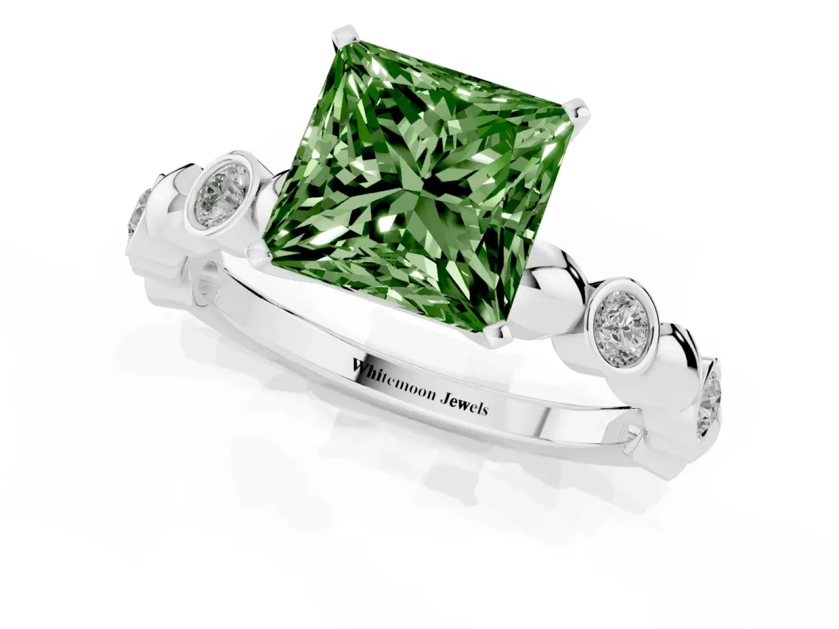 Fancy Green Princess Cut Solitaire Bezel-Set Diamond Ring with Beaded Band and Four-Prong Setting Silver