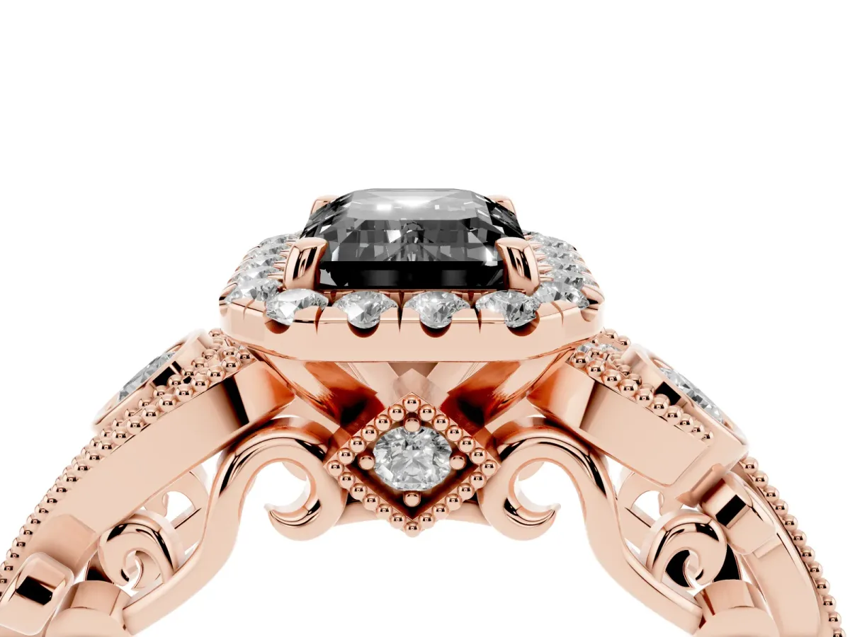 Fancy Black Emerald Cut Halo Diamond Ring with Milgrain and Bezel Accents on a Split Shank Band Rose gold