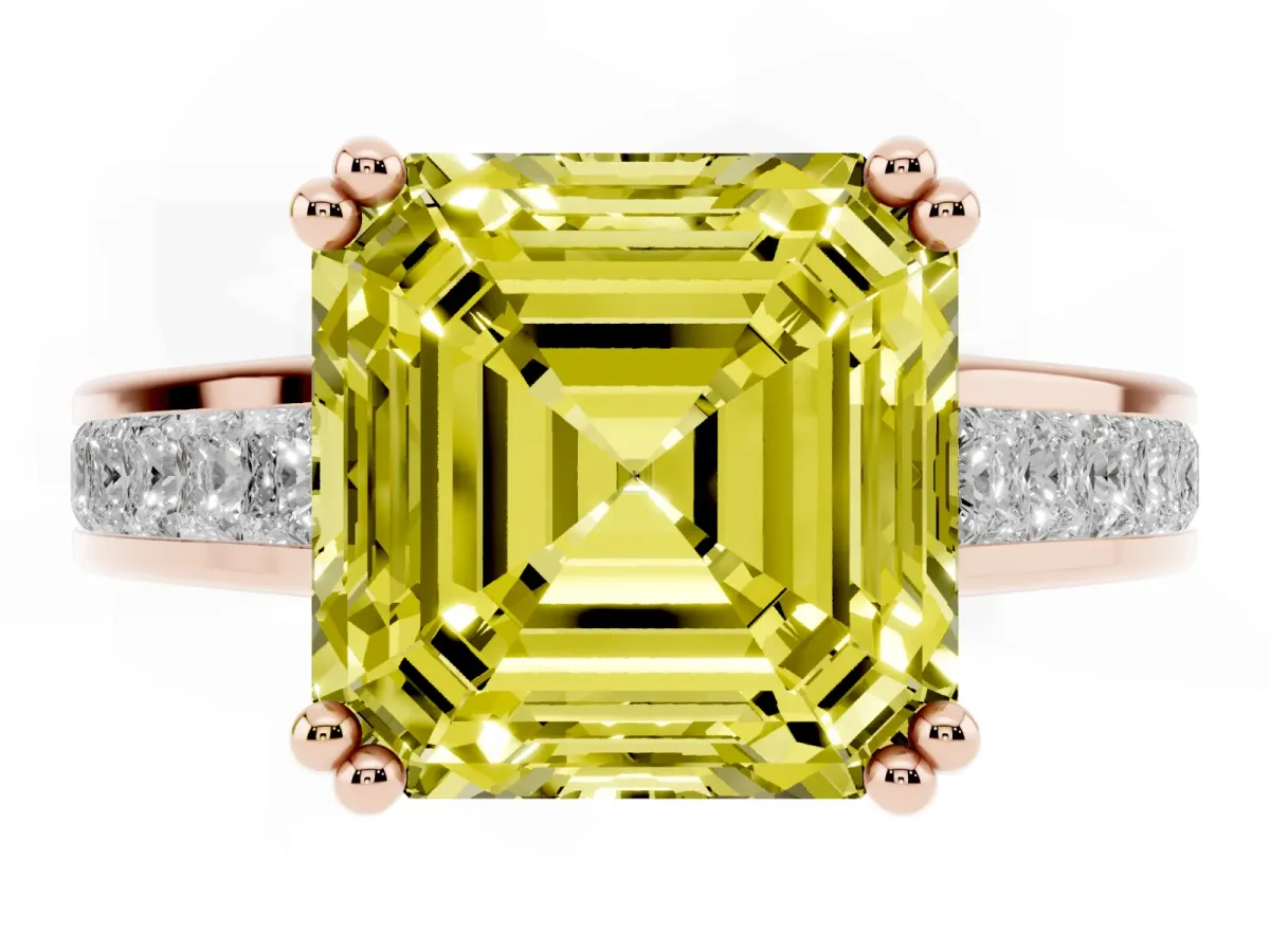 Fancy Yellow Asscher Cut Cut Channel Set Solitaire Engagement Ring with Prong Setting Rose gold