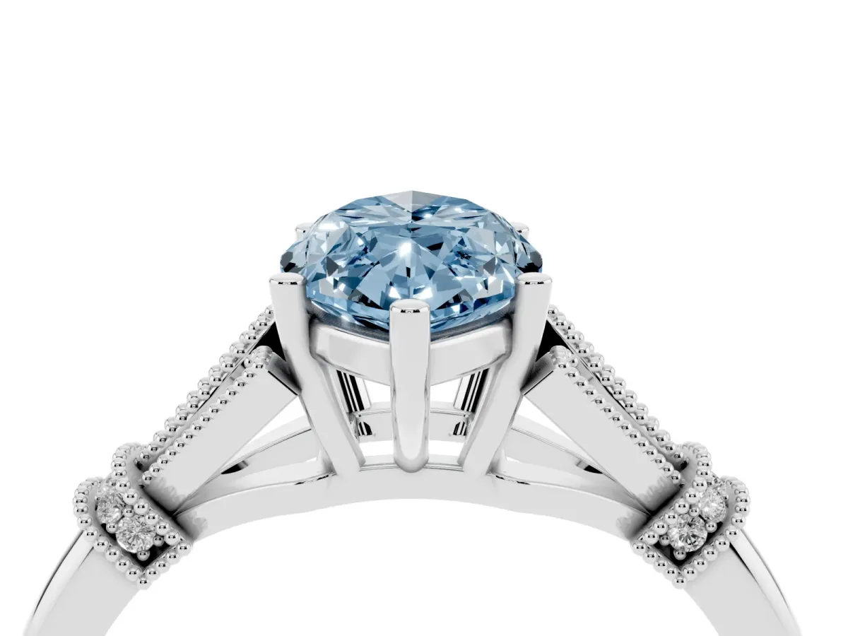 Fancy Blue Marquise Cut Diamond Solitaire Ring with Floral Filigree and Pave Accents Silver