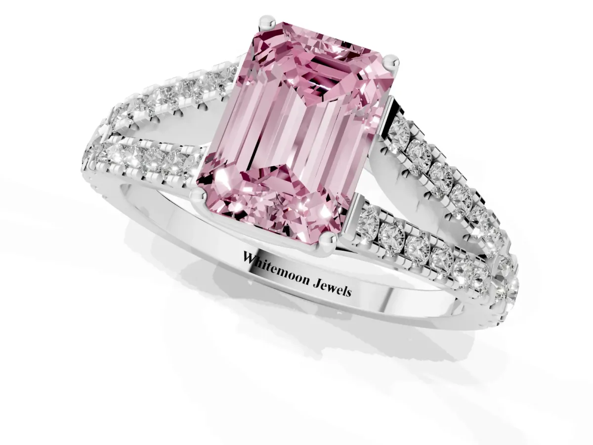 Fancy Pink Emerald Cut Diamond Split Shank Pavé Engagement Ring with Four-Prong Setting Platinum