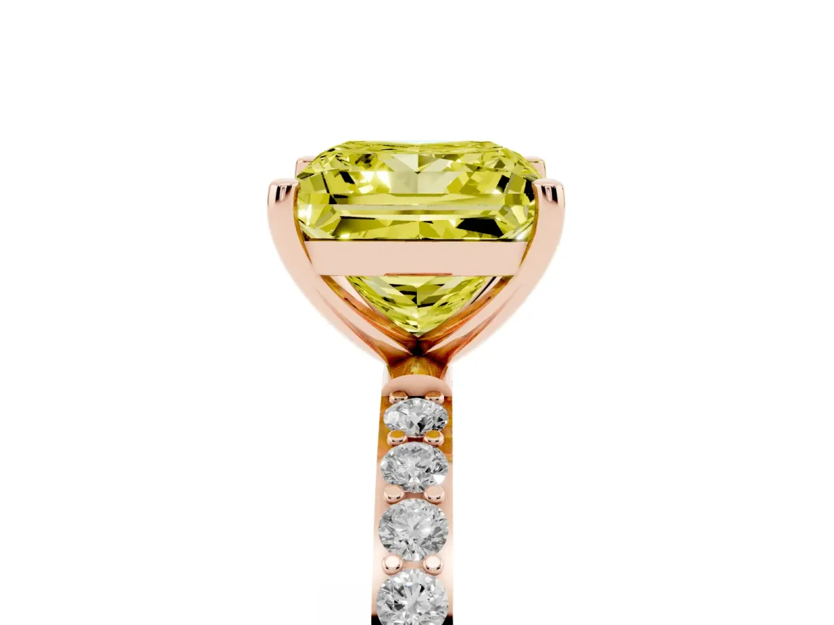 Fancy Yellow Princess Cut Diamond Solitaire Ring with Round Pavé Shoulders and Prong Setting Rose gold