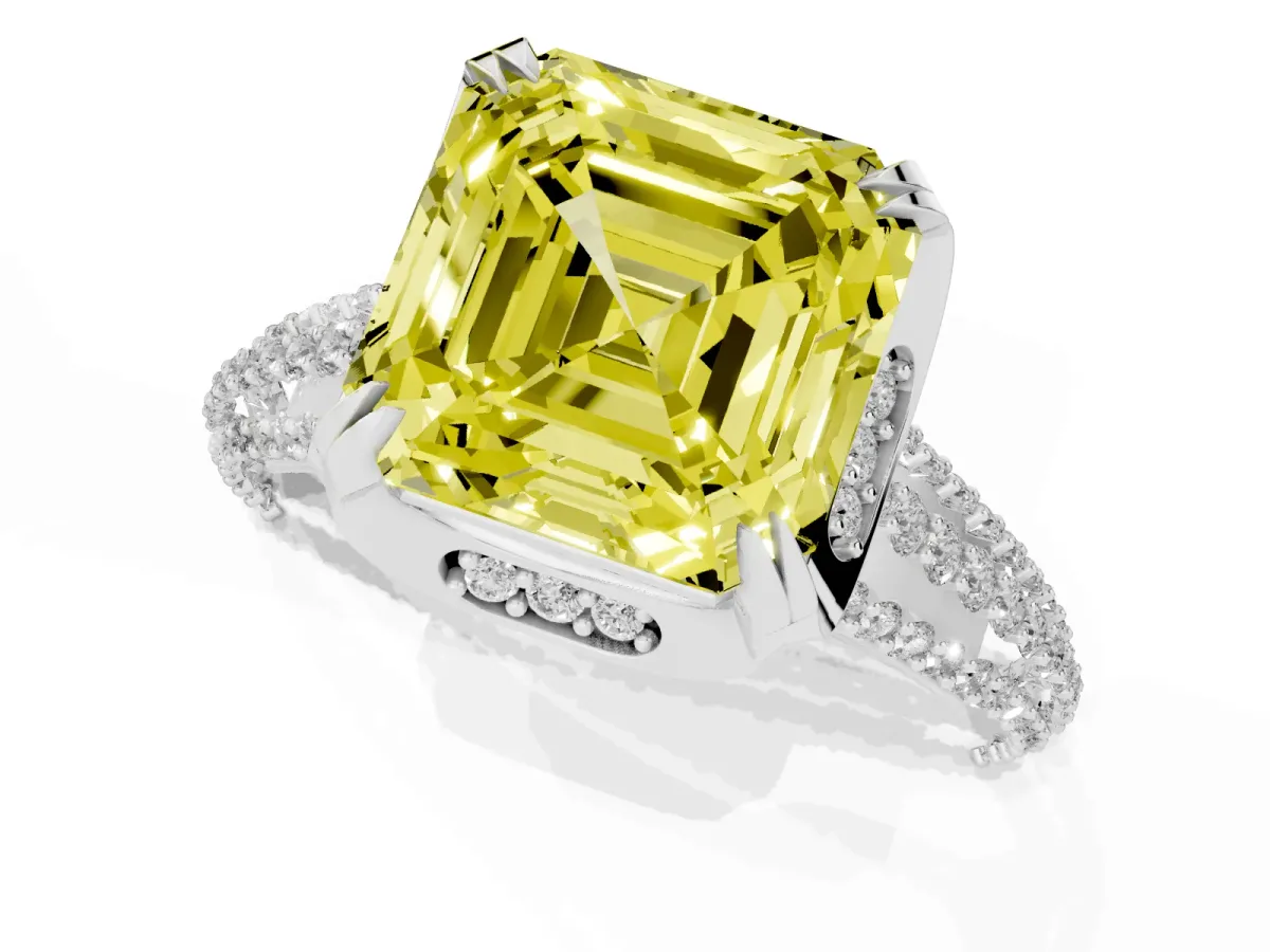 Fancy Yellow Asscher Cut Solitaire Pave Split Shank Ring with Four-Prong Setting Platinum