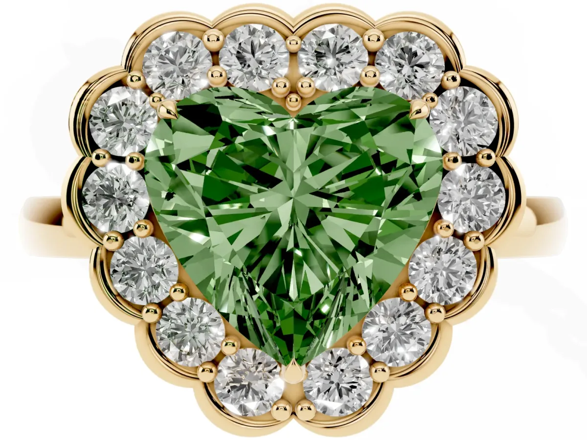 Fancy Green Heart Cut Halo Cluster Diamond Engagement Ring with Solitaire Band and Prong Setting Yellow gold
