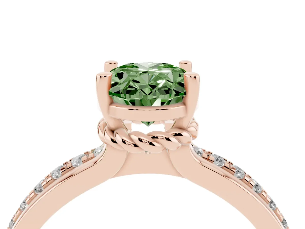 Fancy Green Oval Cut Solitaire Diamond Ring with Channel Set Band and Six-Prong Setting Rose gold