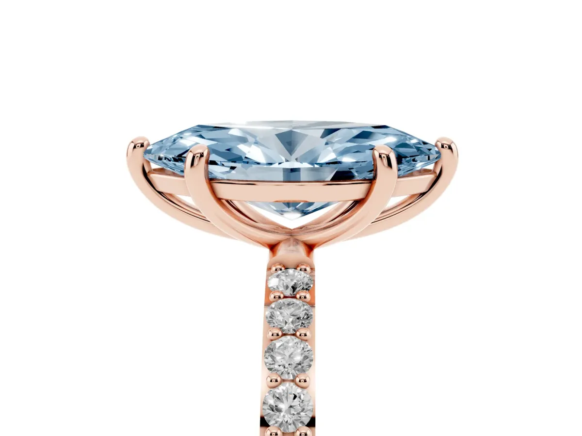 Fancy Blue Marquise Cut Diamond Solitaire Ring with Round Pavé Band and Prong Setting Rose gold