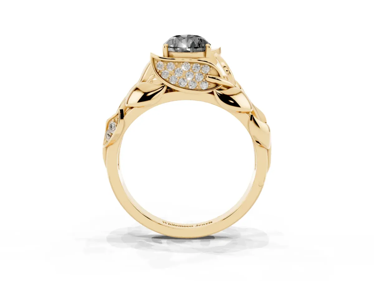 Fancy Black Pear Cut Diamond Leaf-Inspired Engagement Ring with Round Accents and Prong Setting Yellow gold