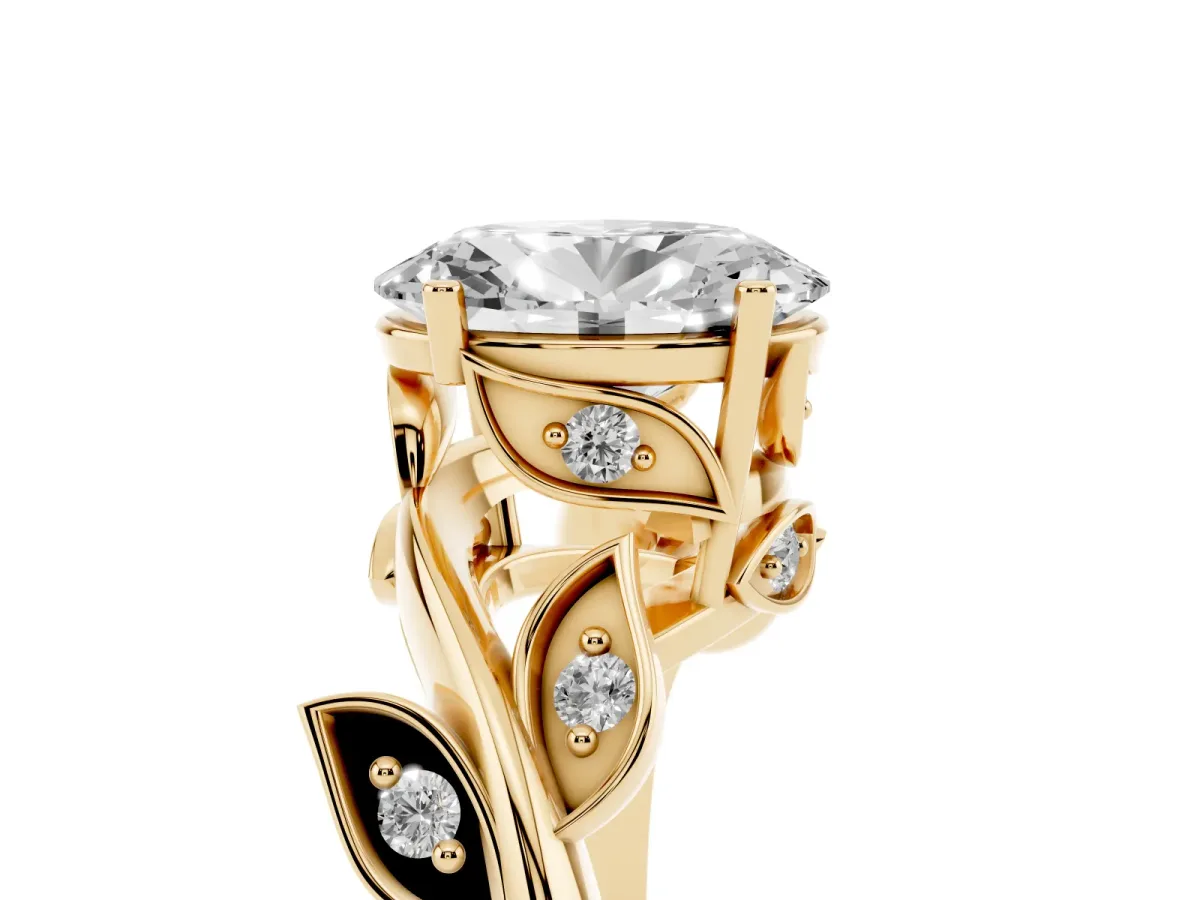 Oval Cut Solitaire Twist Engagement Ring with Leaf Accents and Prong Setting Yellow gold