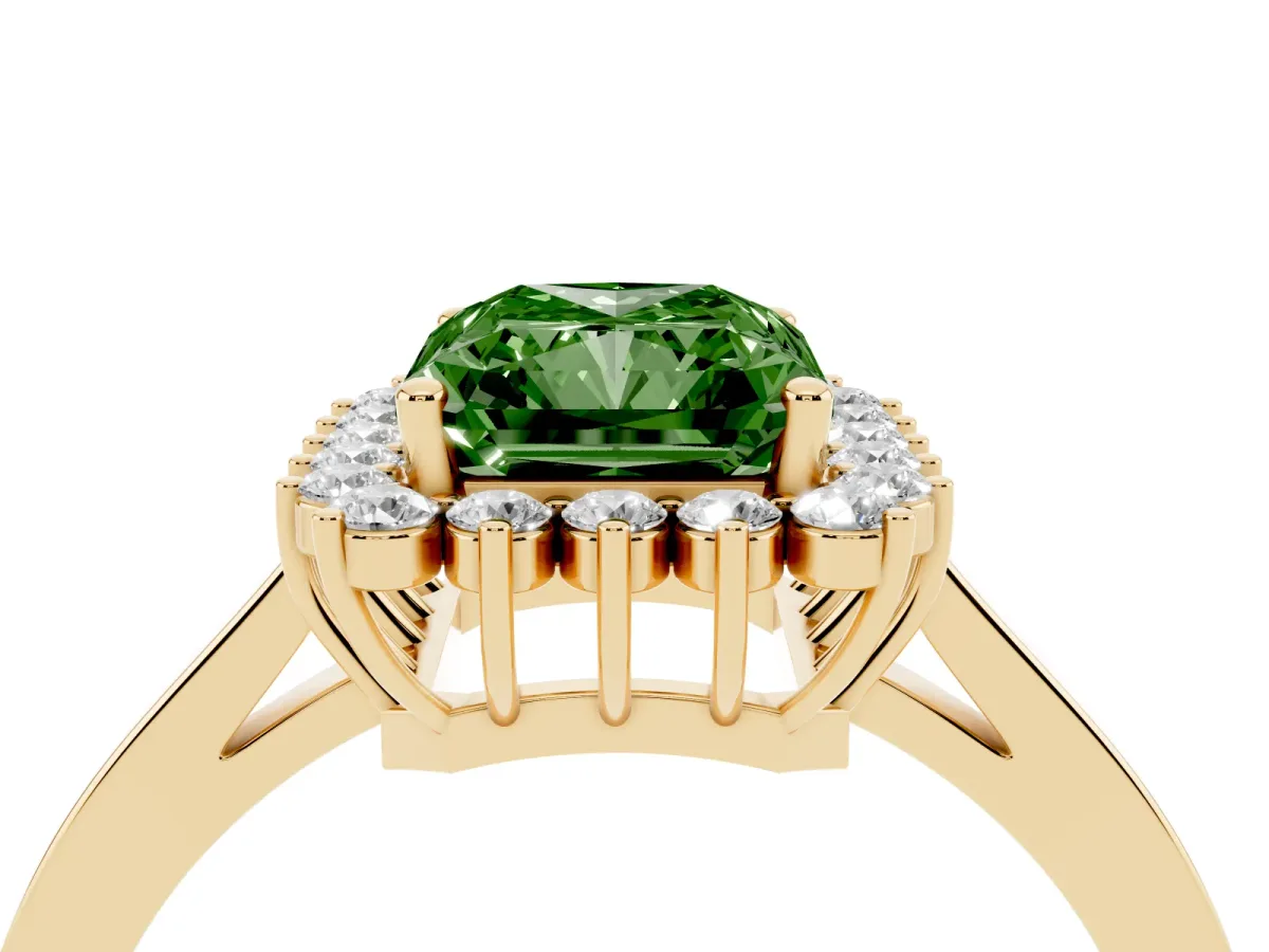 Fancy Green Radiant Cut Cut Diamond Halo Ring with Round Brilliant Halo and Solitaire Band Yellow gold
