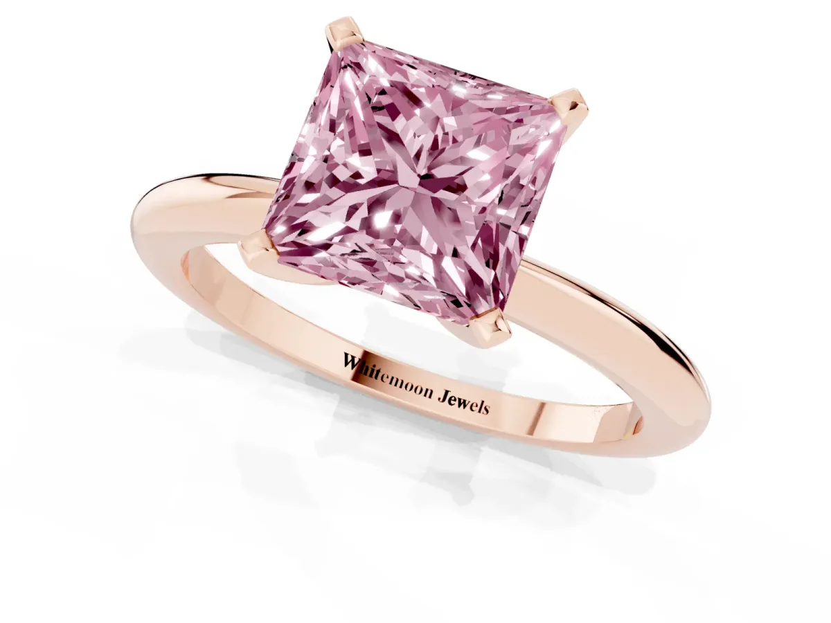 Fancy Pink Princess Cut Diamond Solitaire Ring with Prong Setting and Classic Band Rose gold