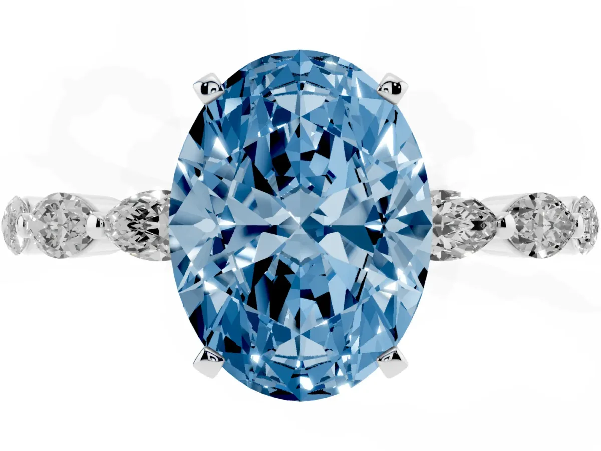 Fancy Blue Oval Cut Diamond Ring with Marquise Side Stones and Prong Setting Platinum