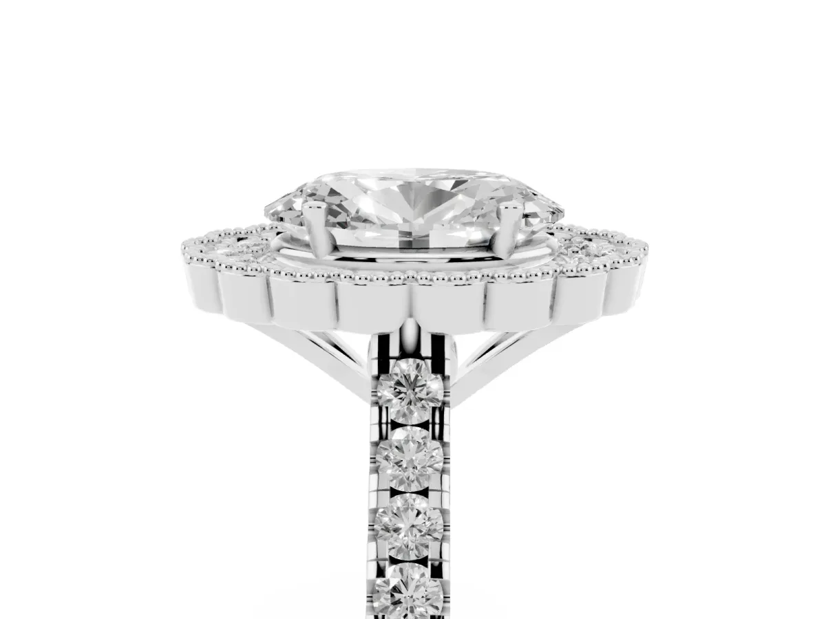 Oval Cut Cut Diamond Milgrain Floral Halo Engagement Ring with Pavé Band White gold