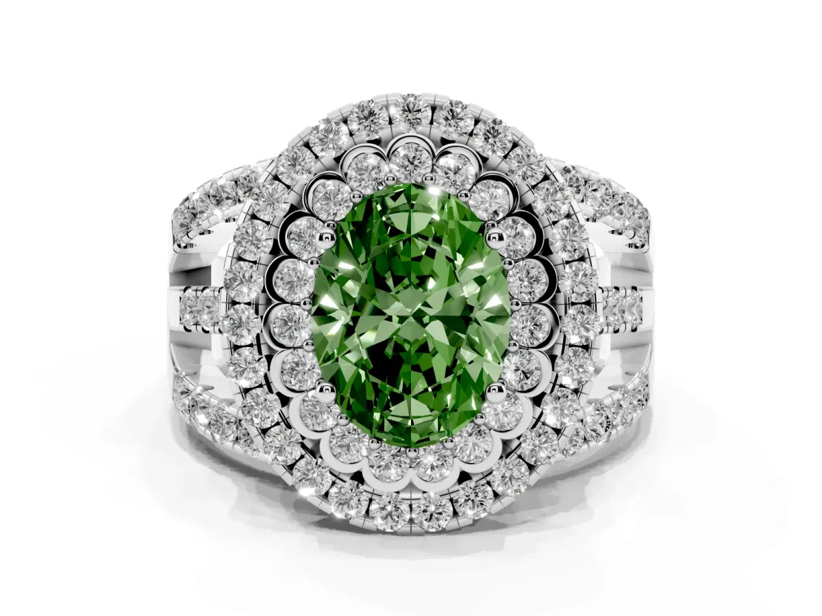 Fancy Green Oval Cut Diamond Double Halo Ring with Round Pavé Split Shank and Prong Setting Silver