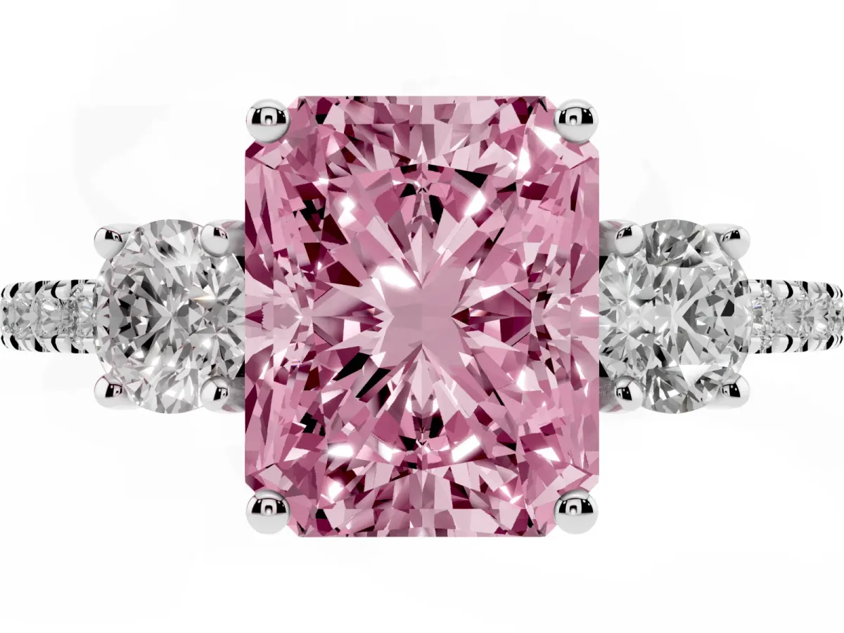 Fancy Pink Three-Stone Radiant Cut Cut Diamond Pavé Band with Prong Setting Silver