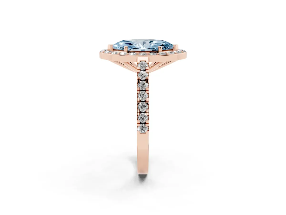 Fancy Blue Marquise Cut Diamond Halo Ring with Round Pavé Split Shank and Prong Setting Rose gold
