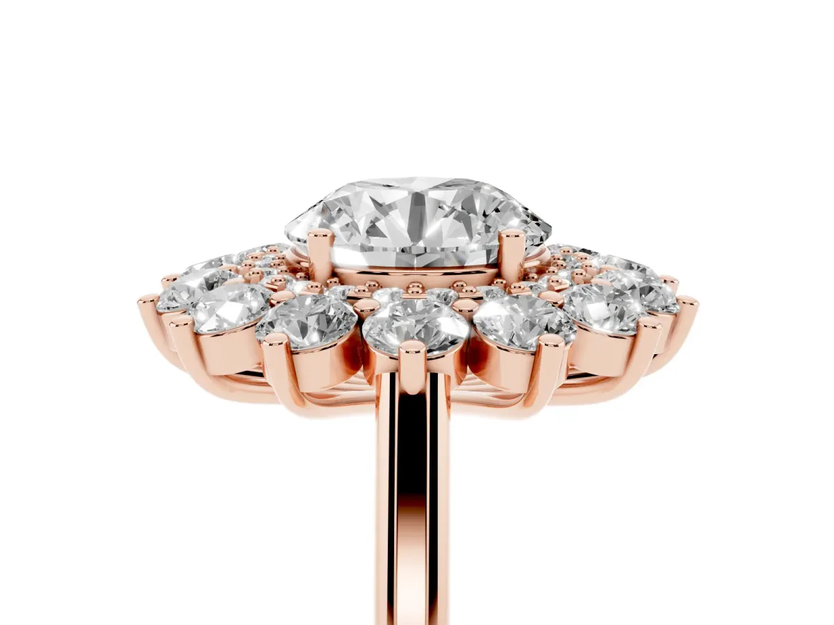 Round Cut Diamond Floral Double Halo Engagement Ring with Prong Setting Rose gold