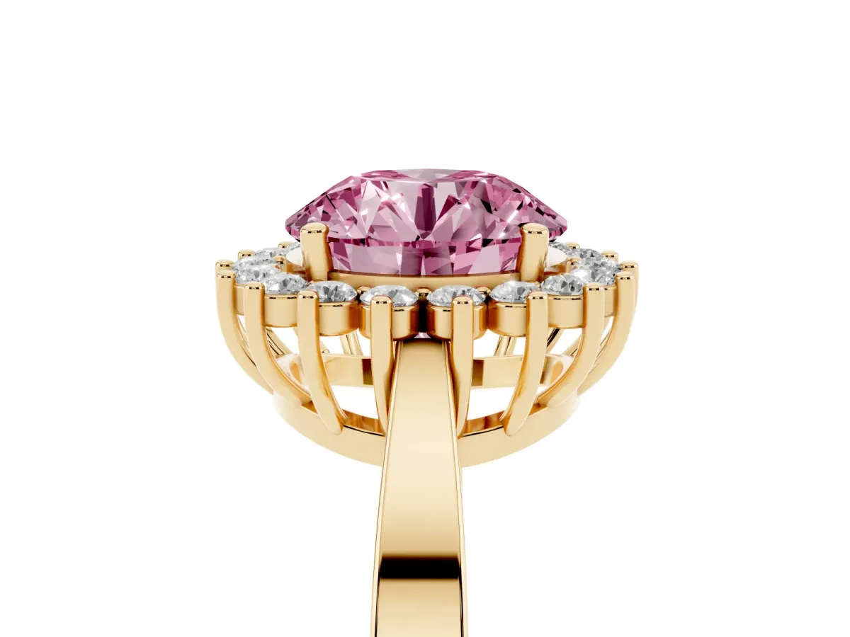 Fancy Pink Round Cut Cut Diamond Halo Ring with Round Brilliant Halo and Solitaire Band Yellow gold