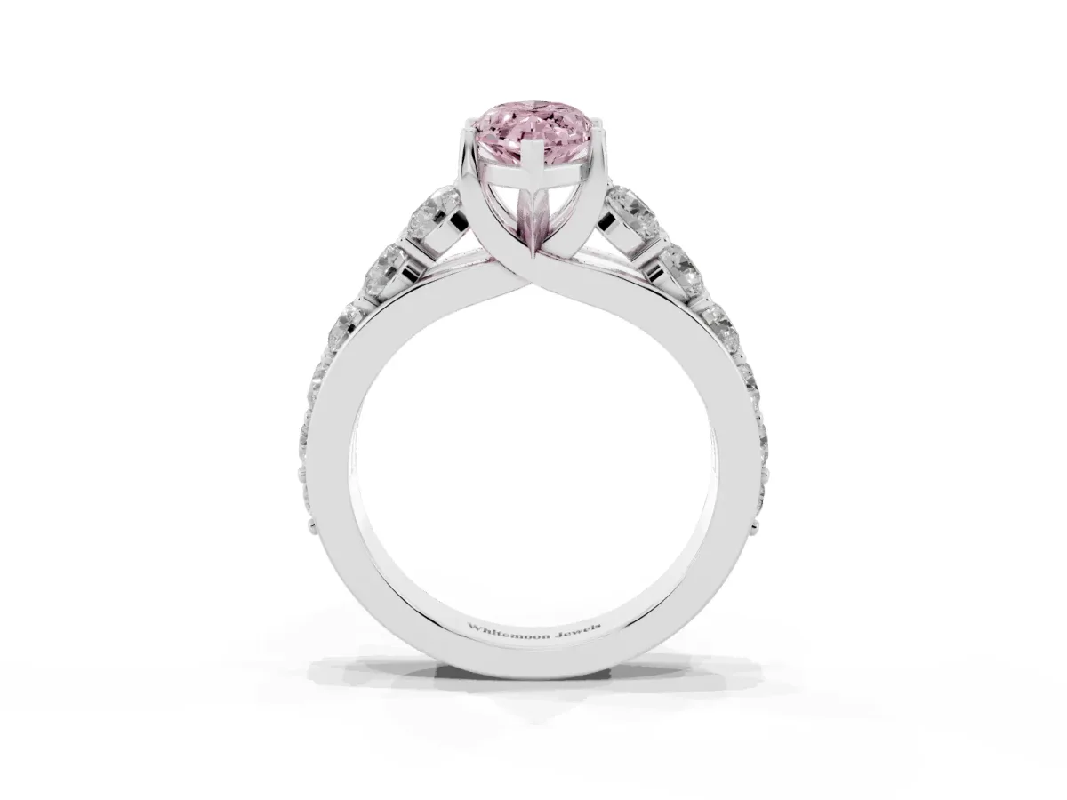 Fancy Pink Marquise Cut Diamond Engagement Ring with Pavé Band and Four-Prong Setting Silver