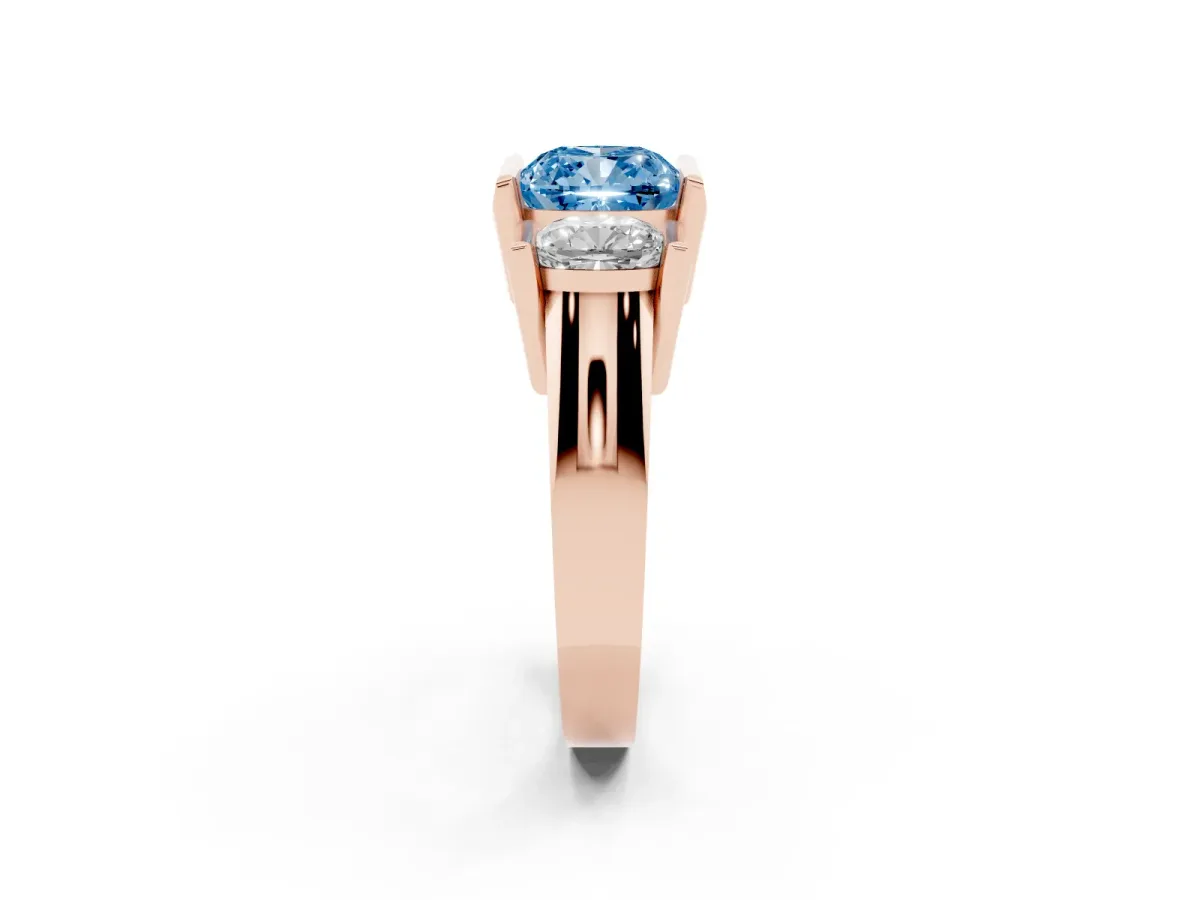 Fancy Blue Three Stone Cushion Cut Cut Channel Set Diamond Ring Rose gold