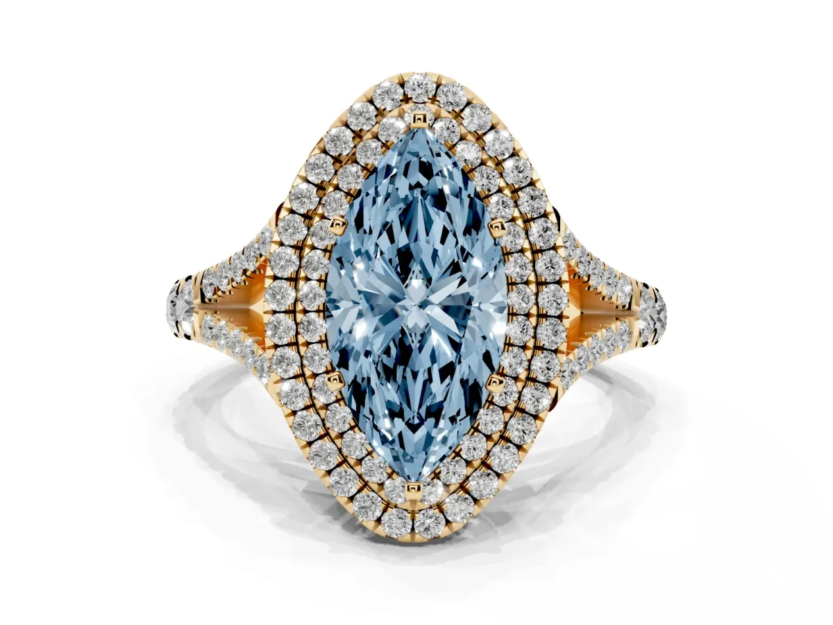 Fancy Blue Marquise Cut Cut Double Halo Split Shank Diamond Ring with Prong Setting Yellow gold