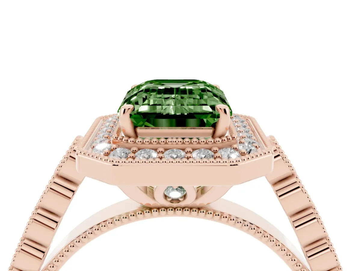 Fancy Green Emerald Cut Halo Milgrain Solitaire with Bezel Set Side Stones and Pave Band Rose gold