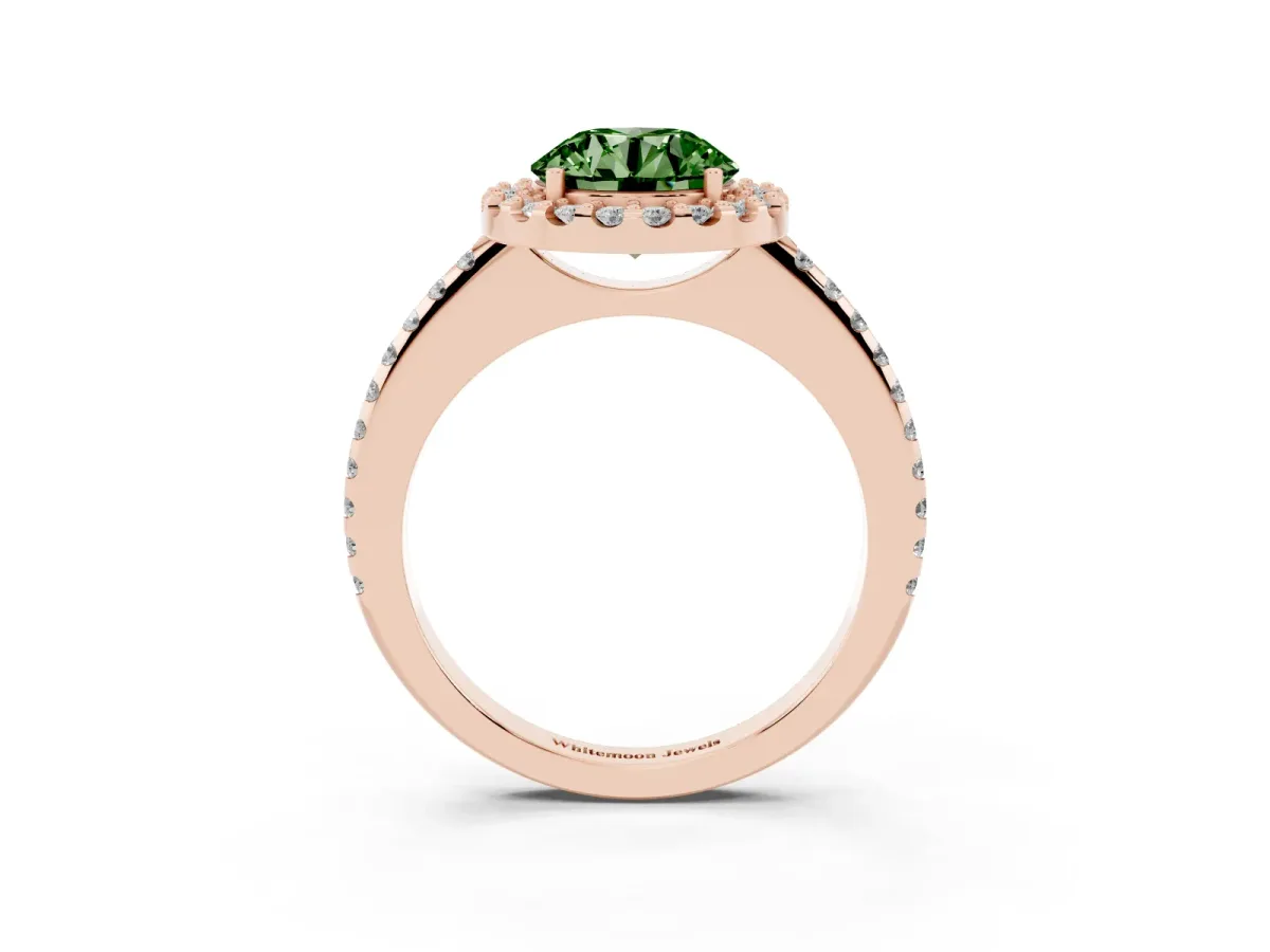 Fancy Green Round Cut Diamond Pavé Halo Ring with Four-Prong Setting Rose gold