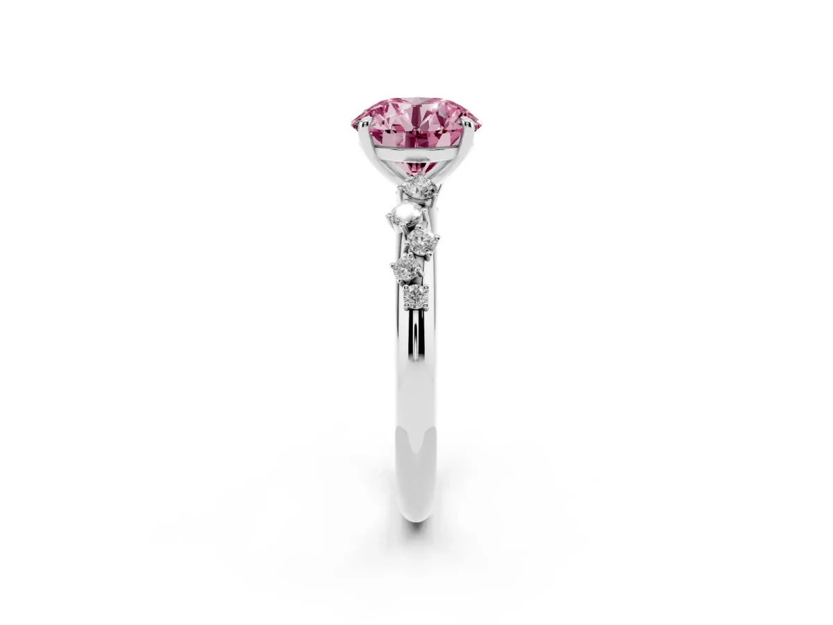 Fancy Pink Round Cut Diamond Cluster Prong-Set Solitaire Ring Silver