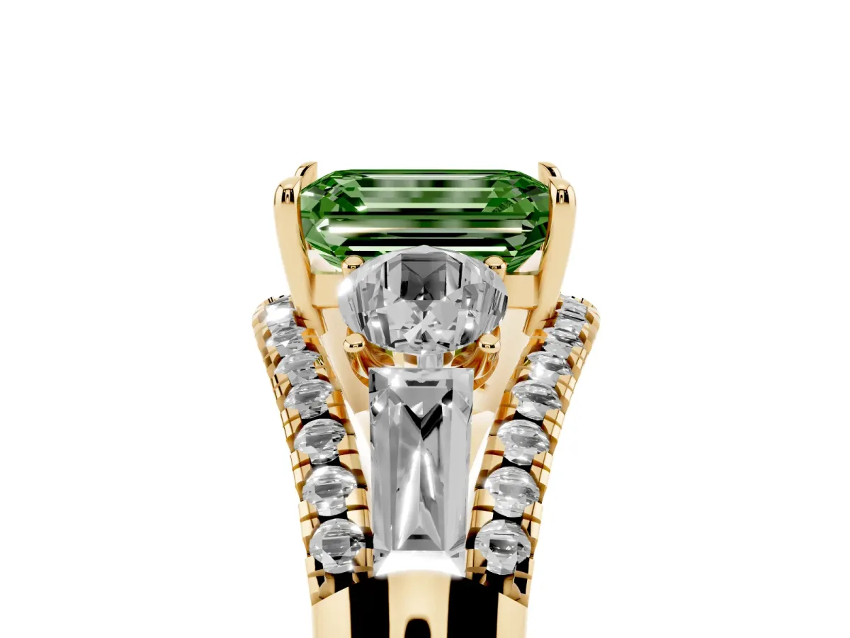 Fancy Green Three-Stone Emerald Cut Diamond Engagement Ring with Pave Band and Prong Setting Yellow gold