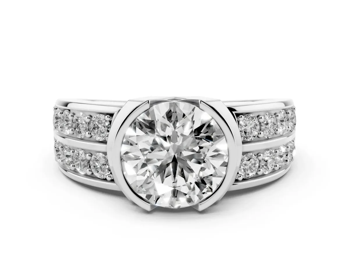 Round Cut Brilliant Diamond Channel Set Wide Band Ring with Bezel Setting Platinum