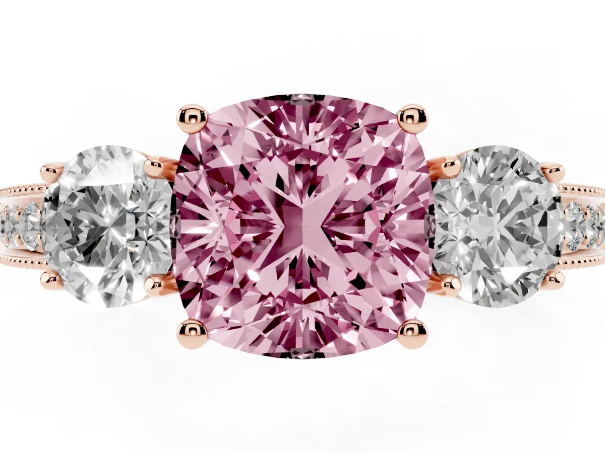 Fancy Pink Cushion Cut Three-Stone Diamond Ring with Pavé Band and Four-Prong Setting Rose gold