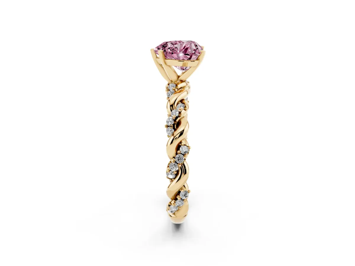 Fancy Pink Heart Cut Diamond Solitaire Ring with Twisted Band and Pavé Accents Yellow gold