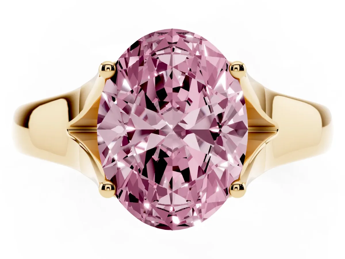 Fancy Pink Oval Cut Solitaire Diamond Ring with Cathedral Band and Four-Prong Setting Yellow gold