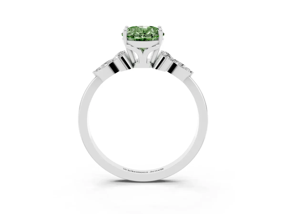 Fancy Green Oval Cut Brilliant Diamond Solitaire Ring with Pear Side Stones and Four-Prong Setting Platinum