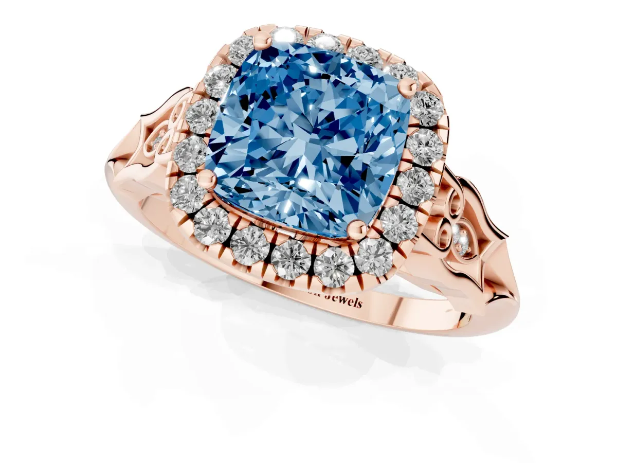 Fancy Blue Cushion Cut Halo Diamond Engagement Ring with Filigree Band and Four-Prong Setting Rose gold