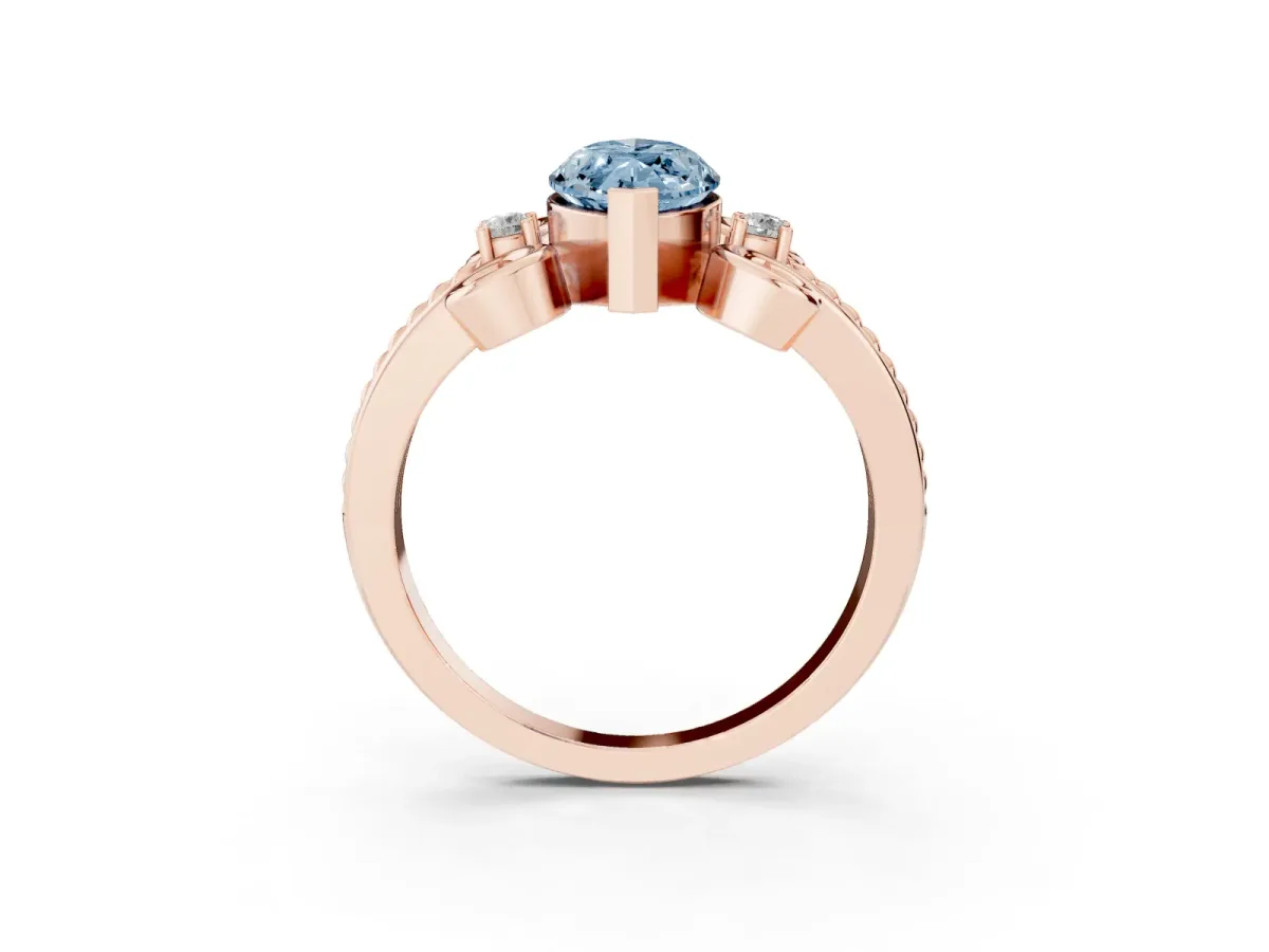 Fancy Blue Marquise Cut Solitaire Twisted Band Scroll Prong Ring Rose gold