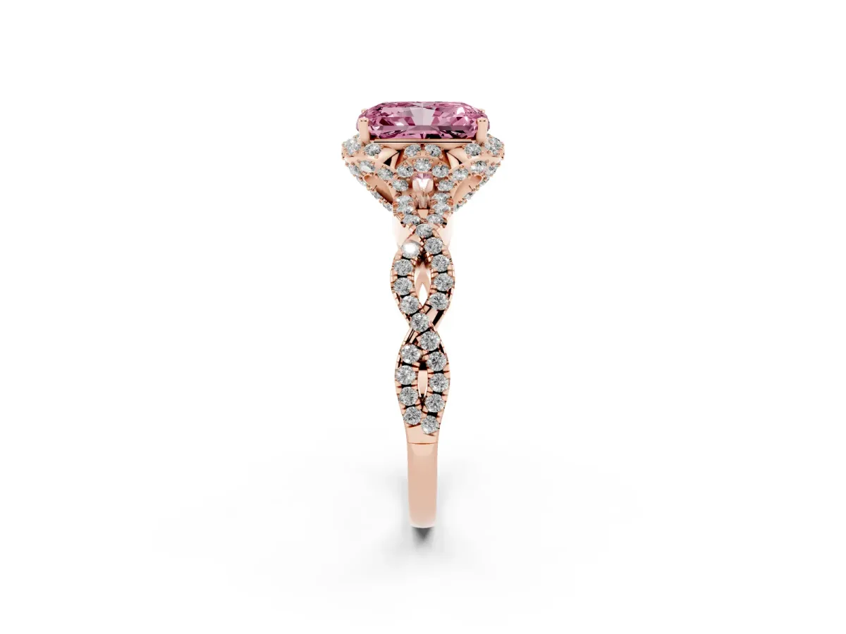Fancy Pink Radiant Cut Halo Twist Band Solitaire Ring with Six-Prong Setting Rose gold