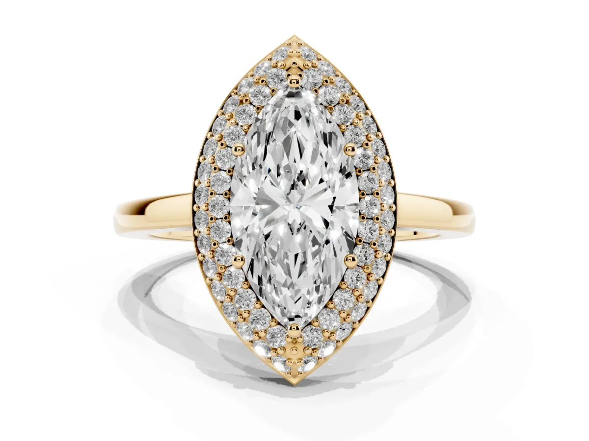 Marquise Cut Halo Diamond Engagement Ring with Solitaire Band and Four-Prong Setting Yellow gold