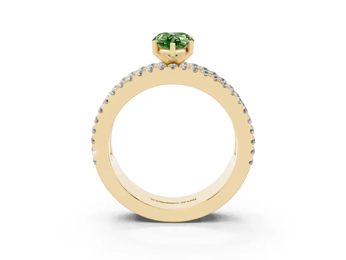Fancy Green Pear Cut Diamond Solitaire Ring with Pavé and Channel Set Band Yellow gold