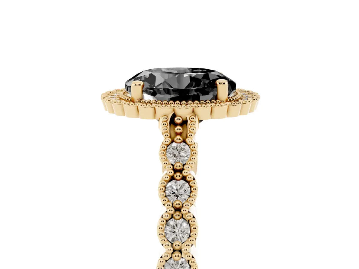 Fancy Black Round Cut Cut Halo Pavé Solitaire Ring with Milgrain Band Yellow gold