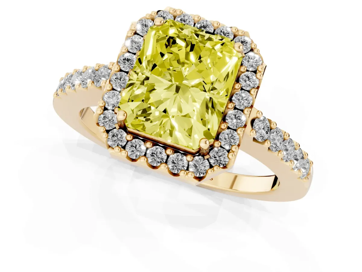 Fancy Yellow Radiant Cut Halo Diamond Pavé Solitaire Ring Yellow gold
