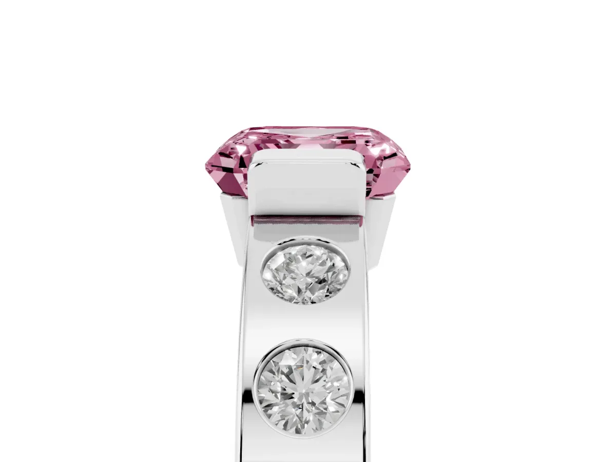 Fancy Pink Asscher Cut Brilliant Channel-Set Diamond Ring with Bezel Prong Setting Silver
