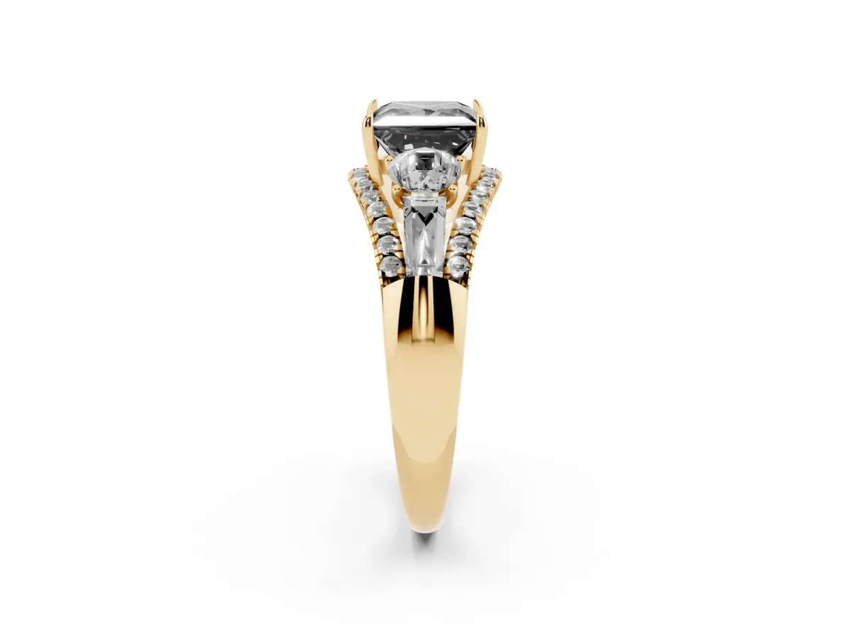 Fancy Black Three-Stone Princess Cut Diamond Engagement Ring with Pave Band and Prong Setting Yellow gold